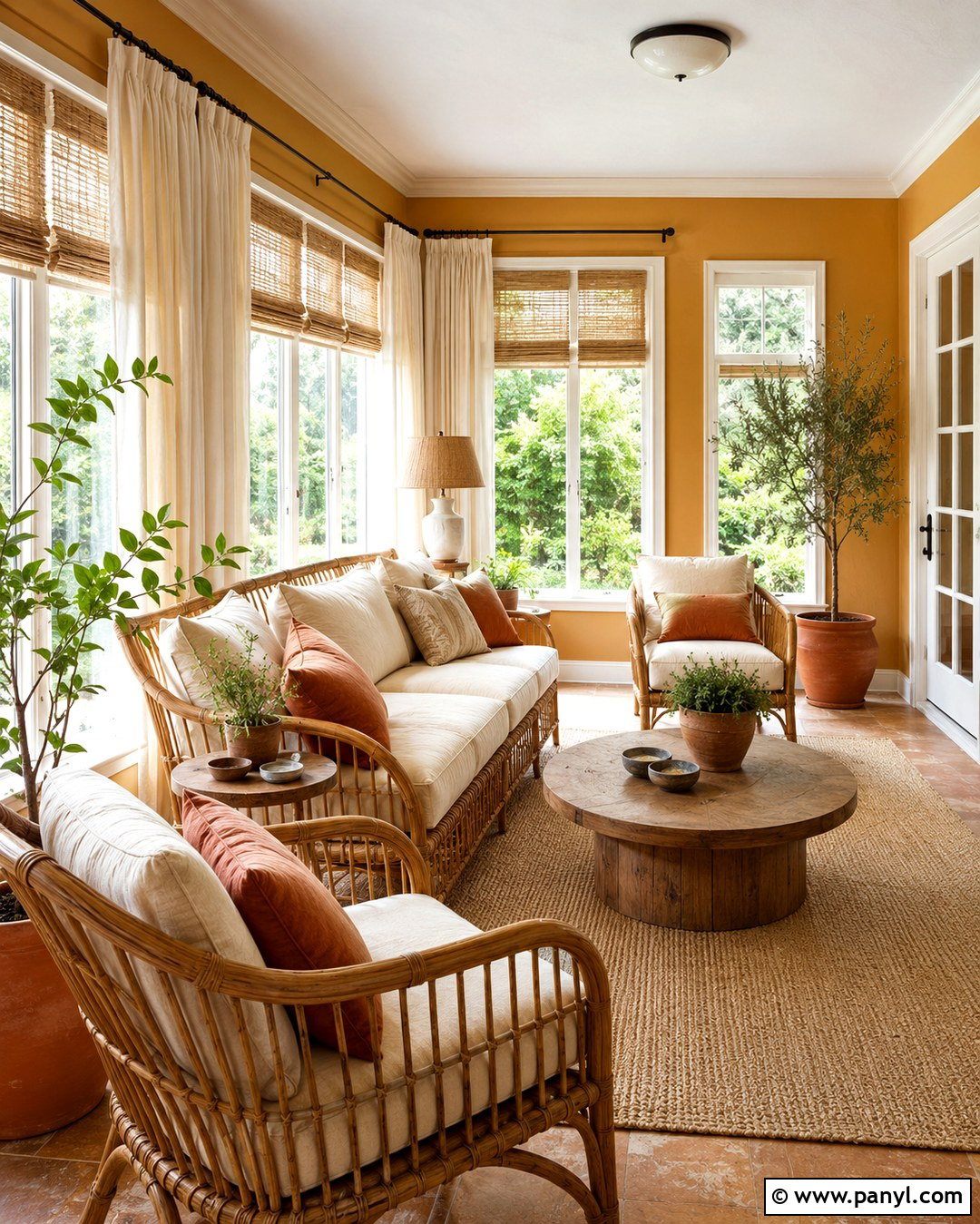 Amber Wall Sunroom With Rattan Furniture - 20 Amber Wall Paint Ideas