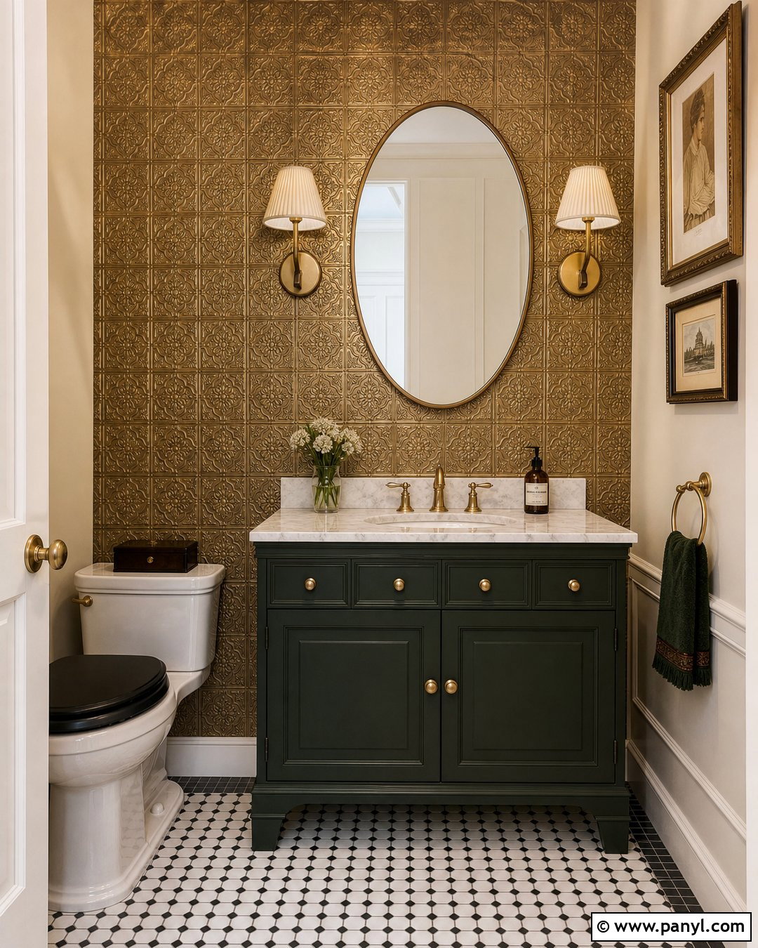 Antique Brass Tin Tile Wall - 20 Metallic Accent Wall Bathroom Ideas