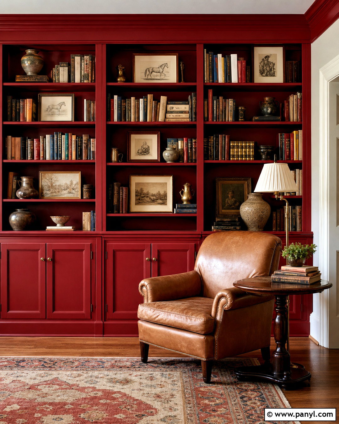 Antique Red Built-In Bookshelves - 20 antique red home decor ideas