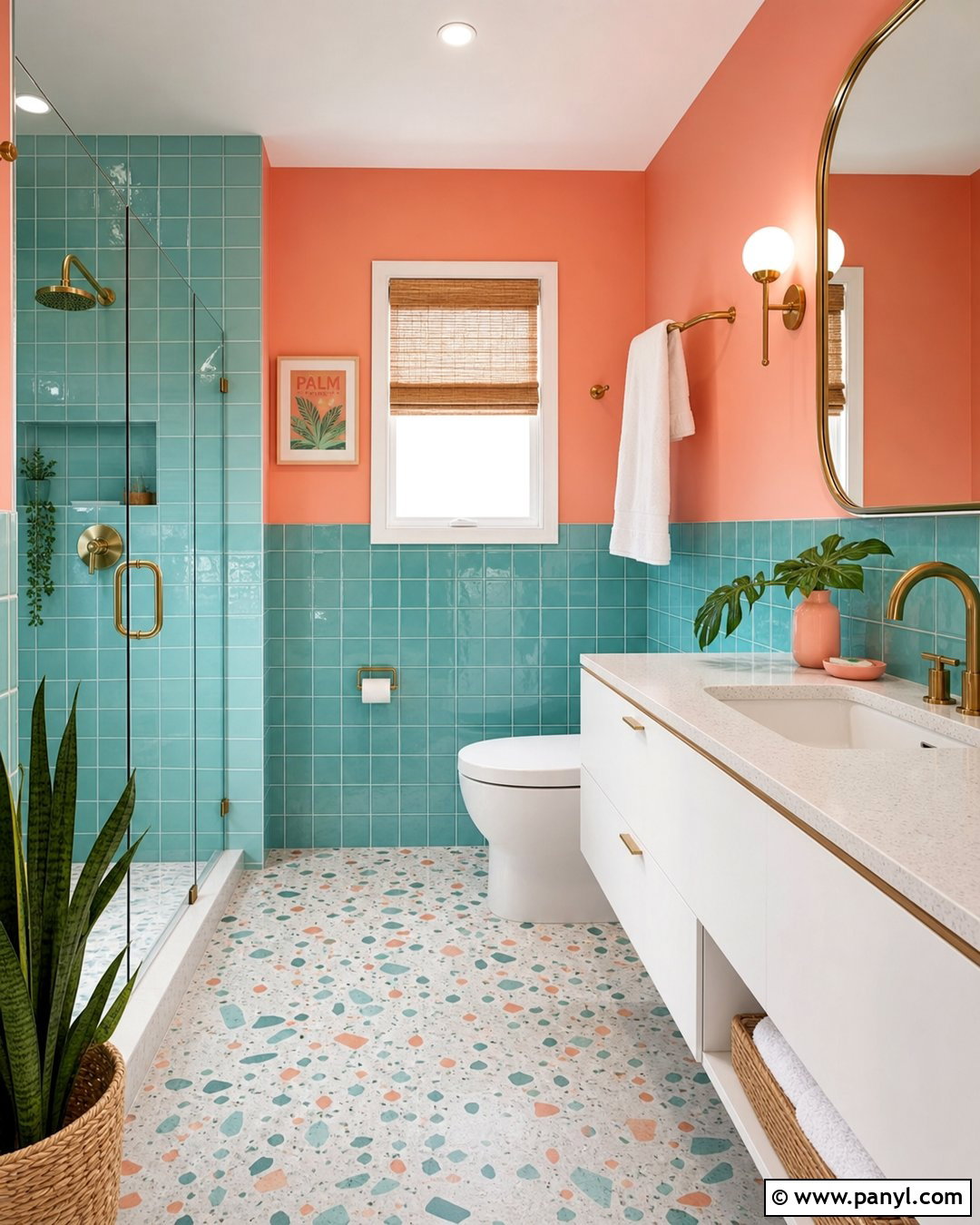 Aqua And Coral Bathroom Walls - 30 Two Toned Bathroom Walls