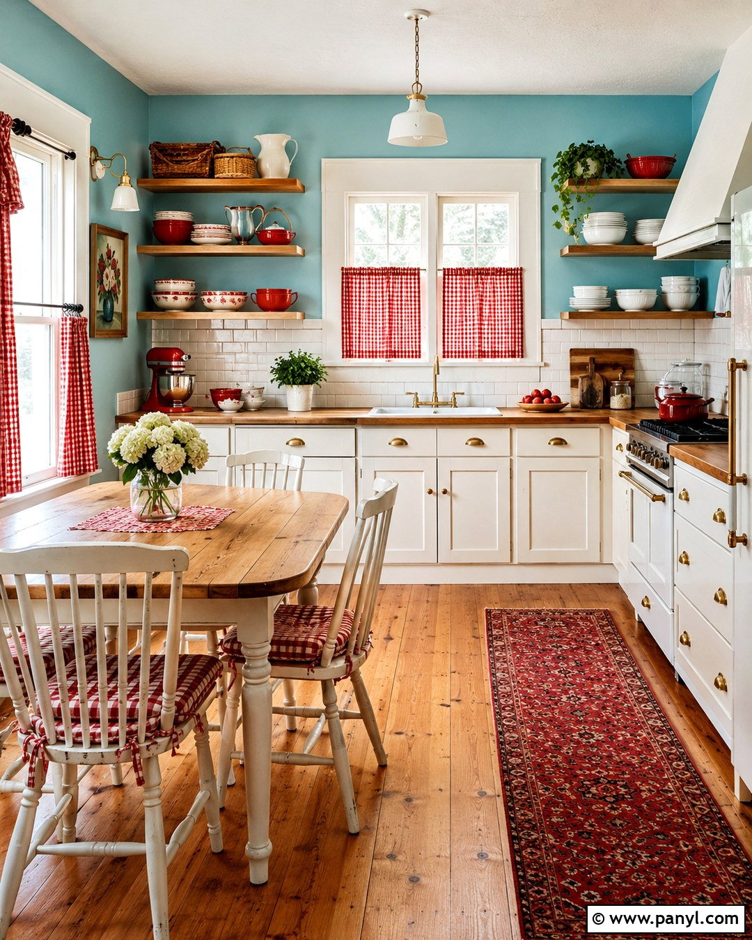 Aqua Blue Kitchen With Red Cafe Curtains - 20 Blue Walls Red Curtains