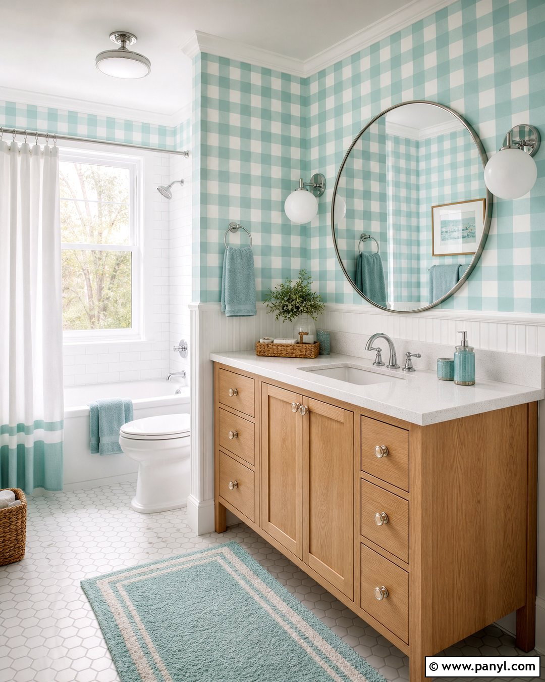 Aqua Gingham Painted Bathroom Walls - 30 Gingham Painted Walls