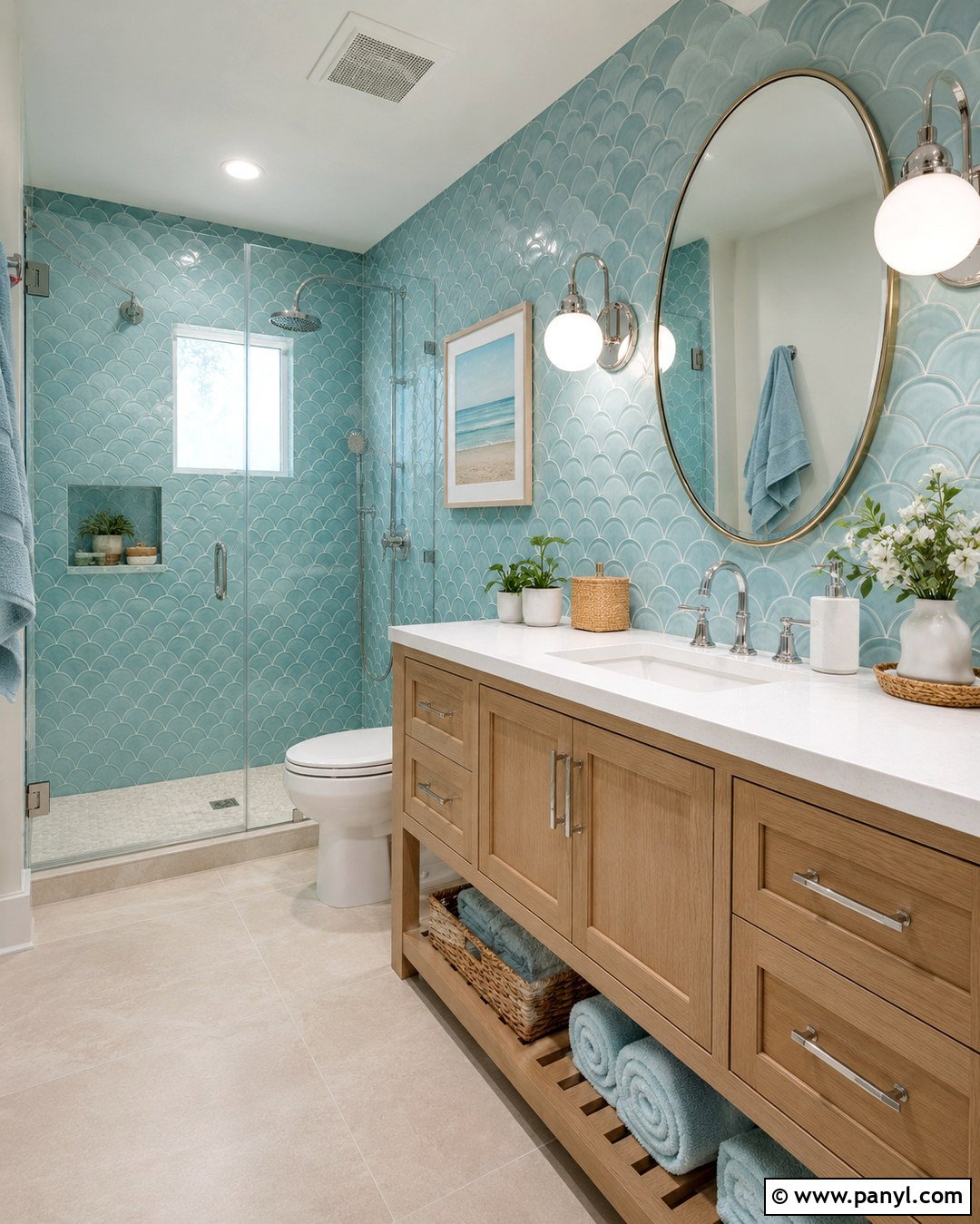 Aqua Scallop Tile Bathroom Walls - 20 Colorful Bathroom Walls