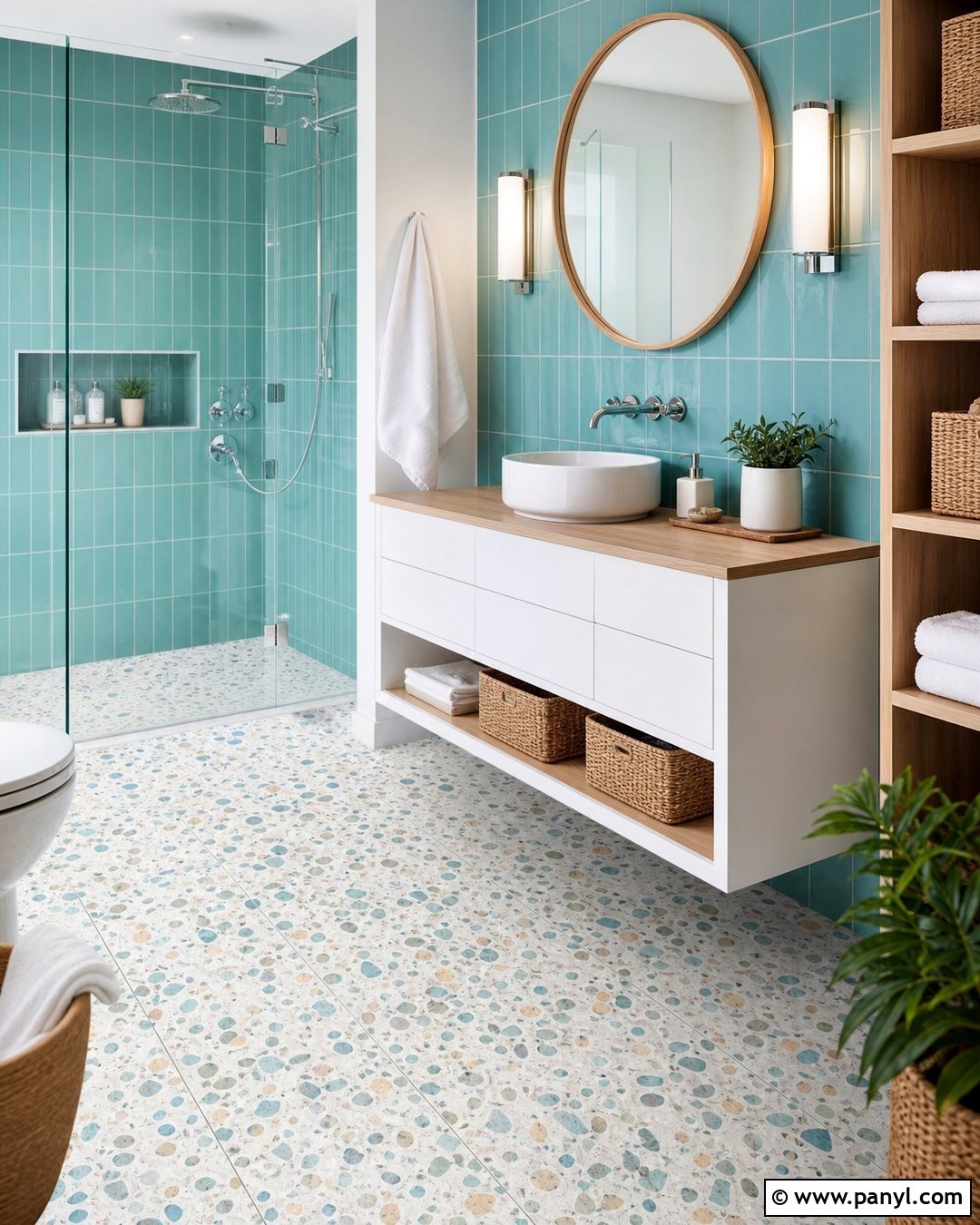 Aqua Wall Tiles With White Terrazzo Floor Tiles - 25 Wall And Floor Tiles Color Combination Ideas