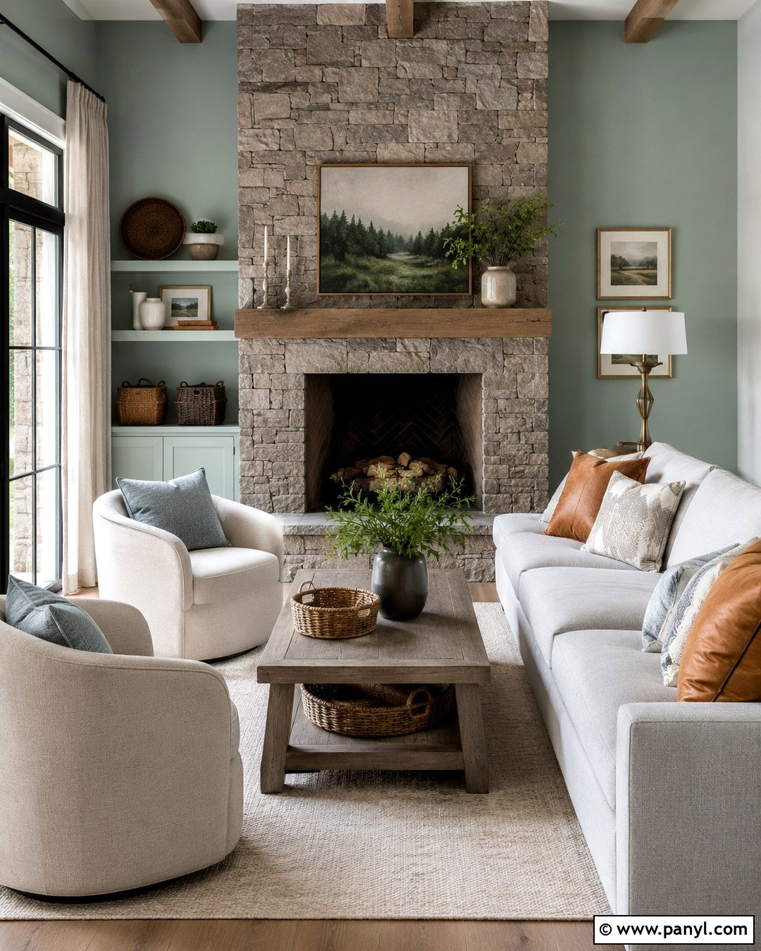 Aqua Walls With Gray Stone Fireplace - 20 Aqua Living Room Walls