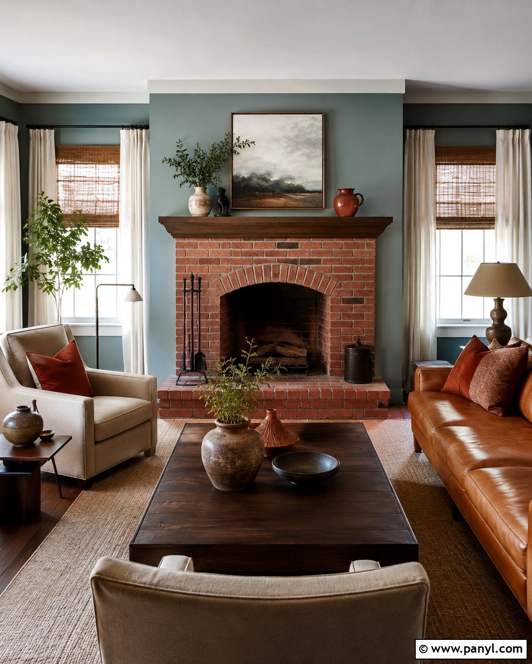 Aqua Walls With Red Brick Fireplace - 20 Aqua Living Room Walls