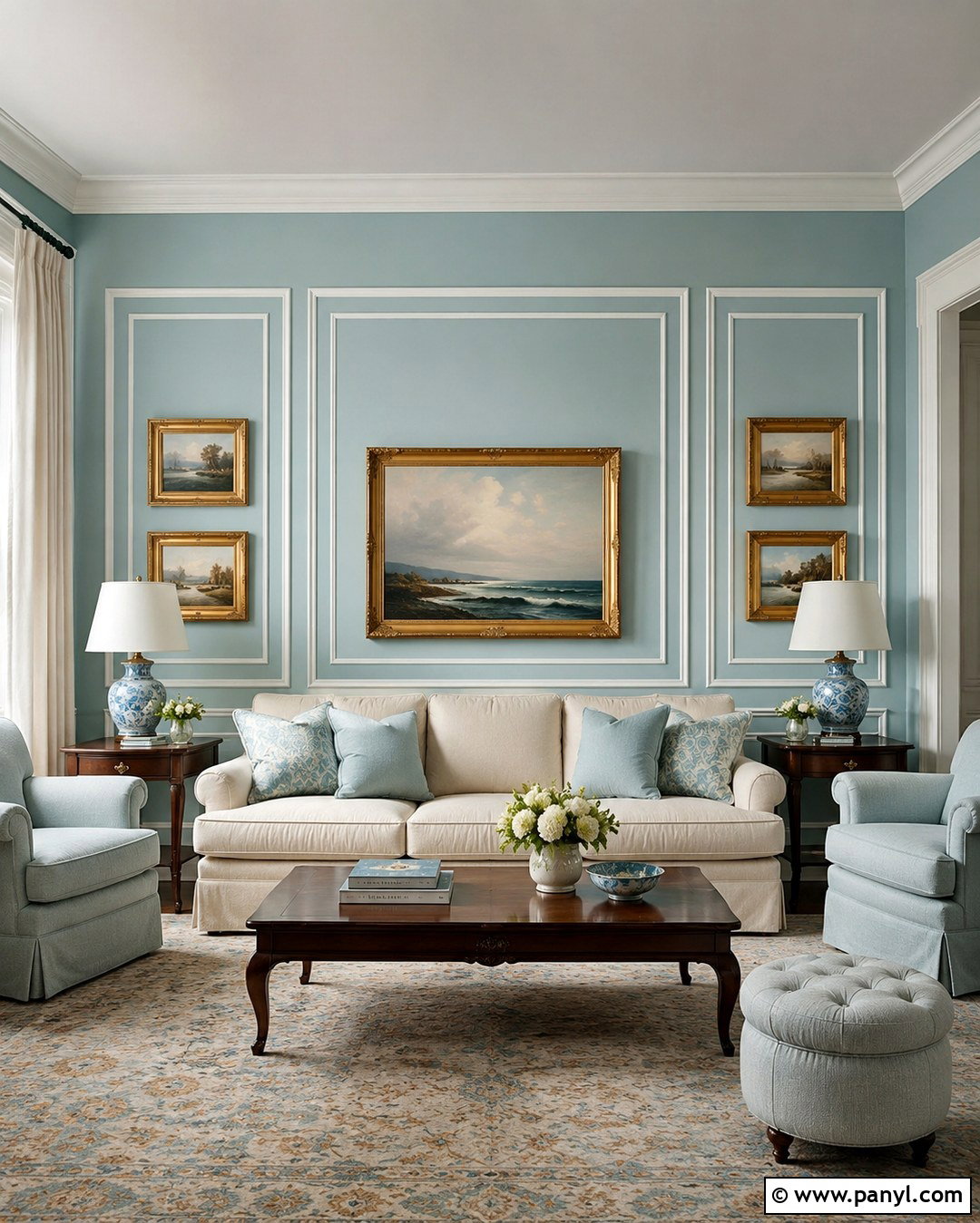 Aqua Walls With White Wall Molding - 20 Aqua Living Room Walls