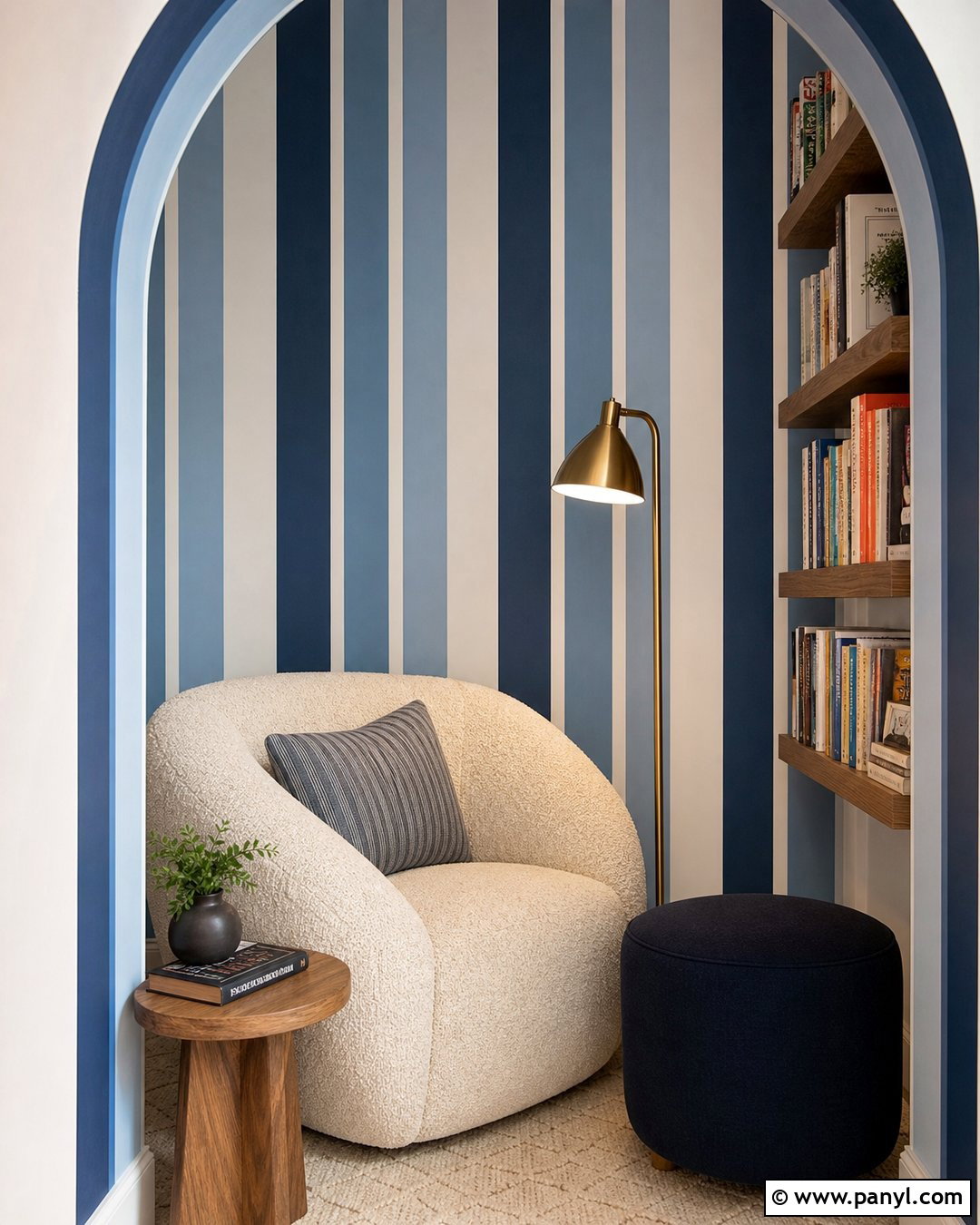 Arched Blue Stripe Wall Reading Nook - 25 Blue Stripe Painted Wall Ideas