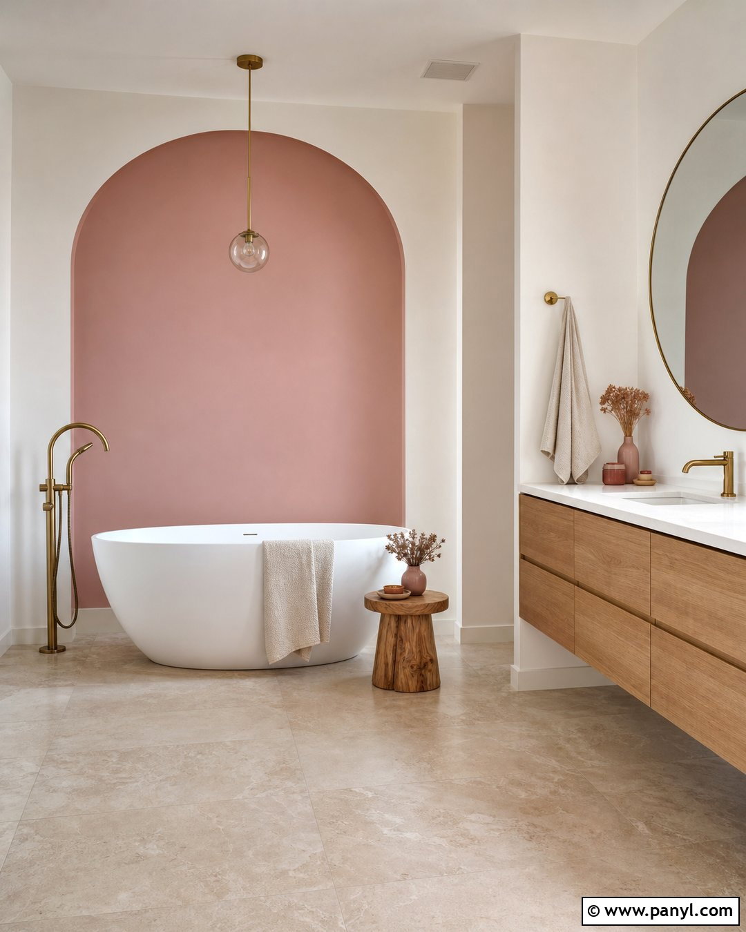 Arched Pink Accent Wall With Freestanding Tub - 20 Modern Bathroom With Pink Accent Wall Ideas