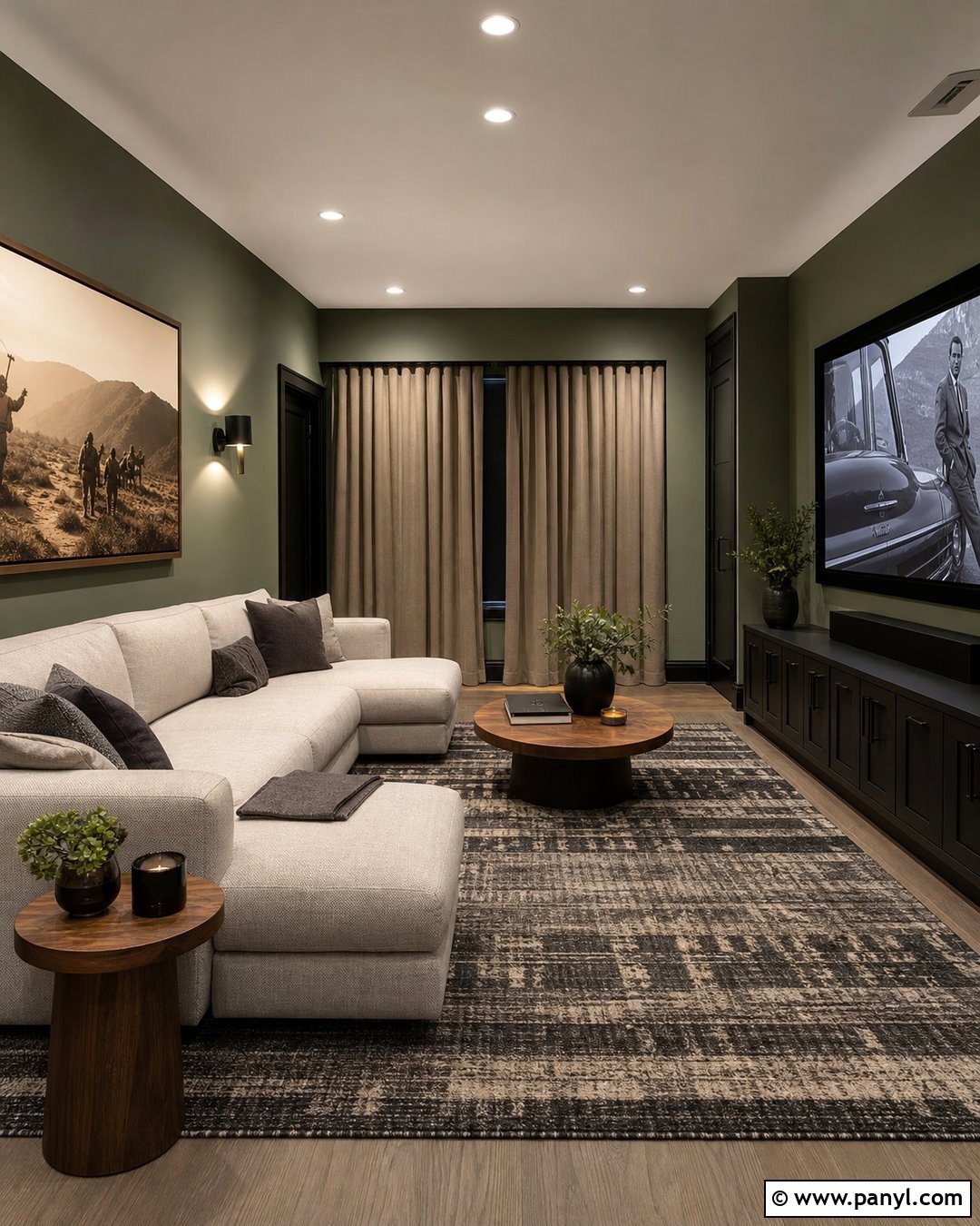 Army Green Media Room With Black Trim - 25 Green Walls With Black Trim Ideas