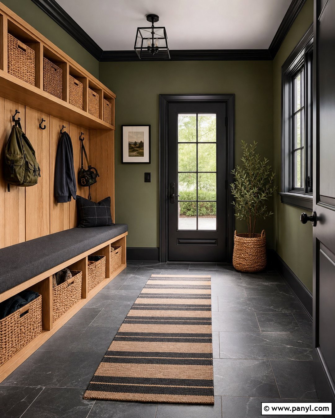 Army Green Mudroom With Black Trim - 25 Green Wall Black Trim Ideas