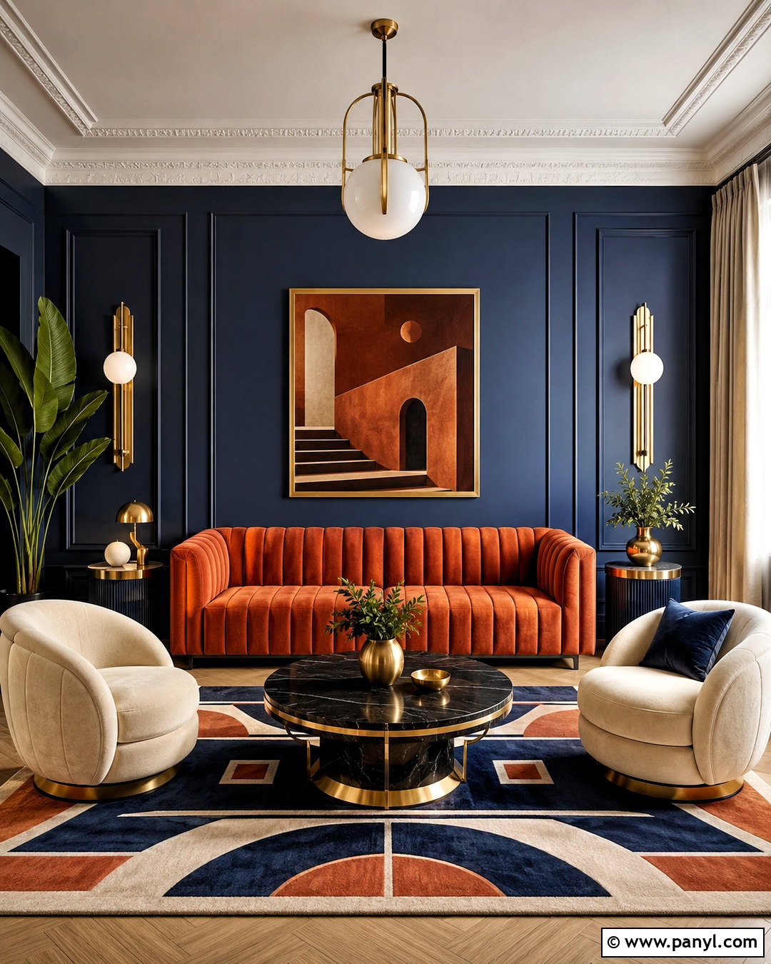 Art Deco Blue and Terracotta Living Room - 20 blue and terracotta living room ideas