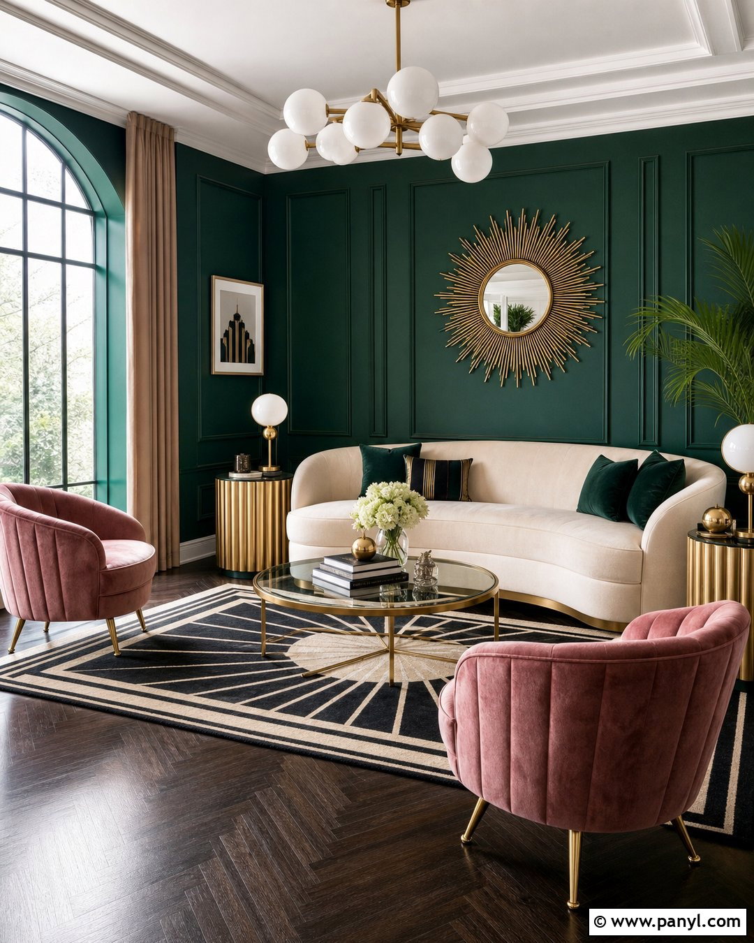 Art Deco Dark Green Feature Wall - 30 Dark Green Feature Wall Living Room Ideas
