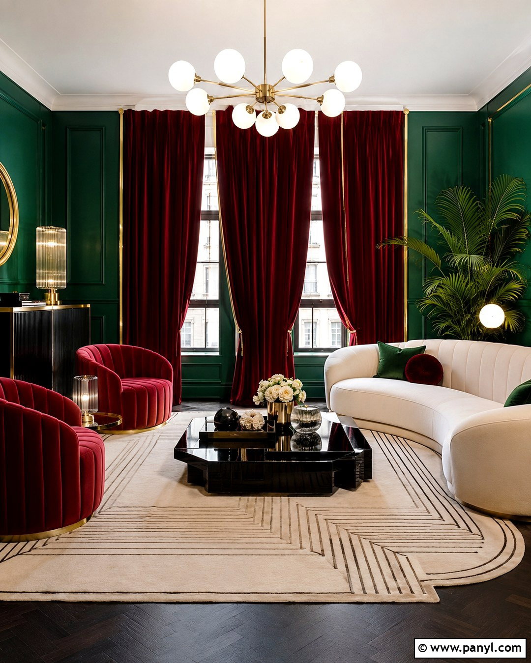 Art Deco Green Room With Red Velvet Curtains - 20 Green Walls Red Curtains