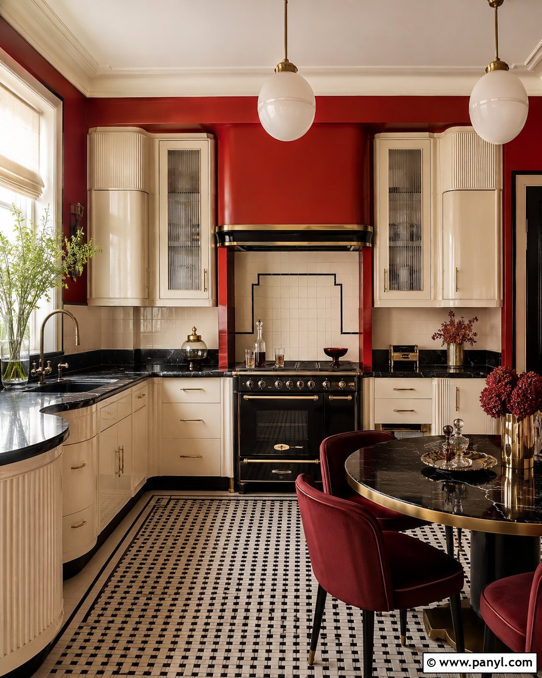 Art Deco Vintage Kitchen With Crimson Red Walls - 20 Vintage Kitchen With Red Walls