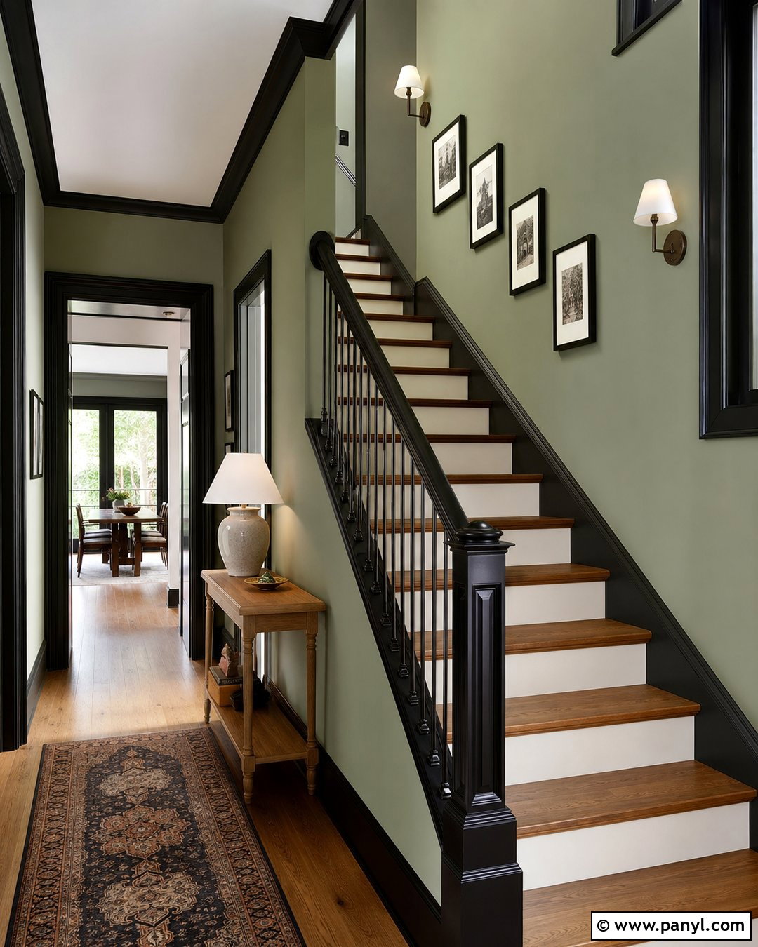 Artichoke Green Stairway With Black Trim - 25 Green Walls With Black Trim Ideas