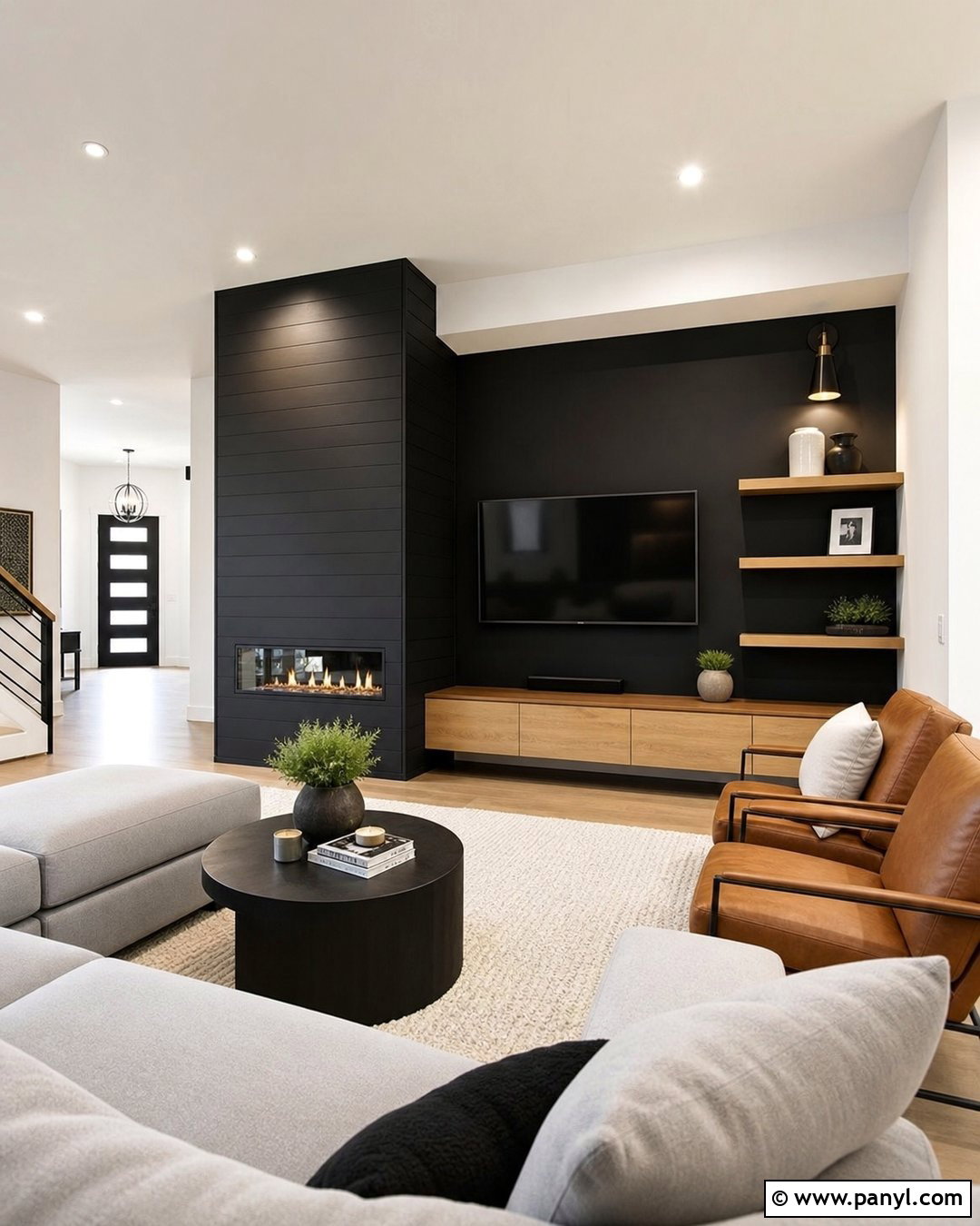 Asymmetrical Black Fireplace TV Wall - 35 Black Wall Behind Tv Ideas
