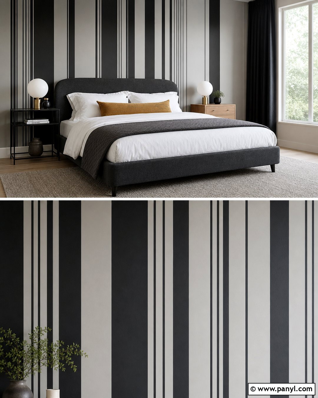 Asymmetrical Black Striped Bedroom - 25 Black Striped Wall Ideas