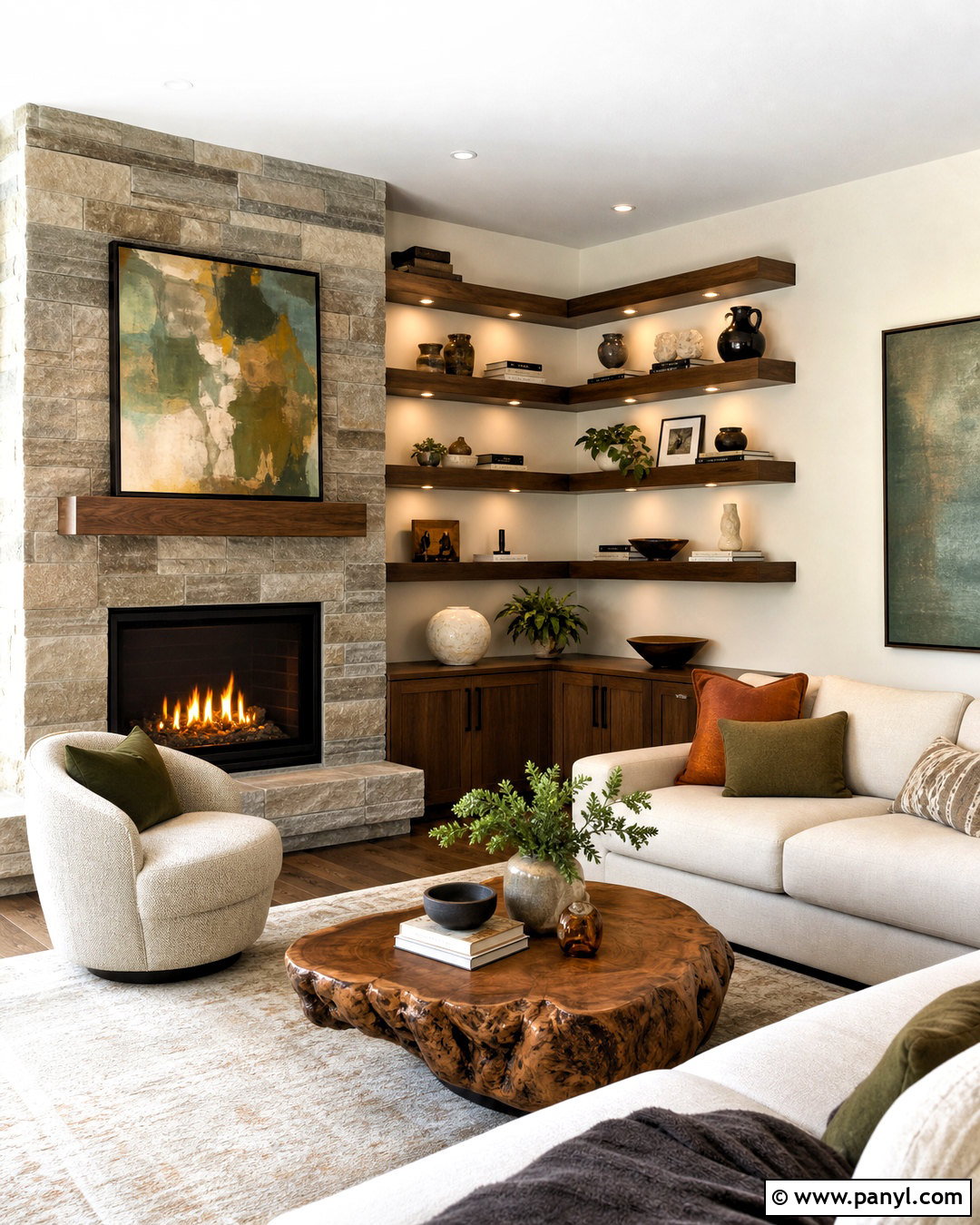 Asymmetrical Fireplace Wall With Corner Shelves - 20 asymmetrical fireplace wall ideas