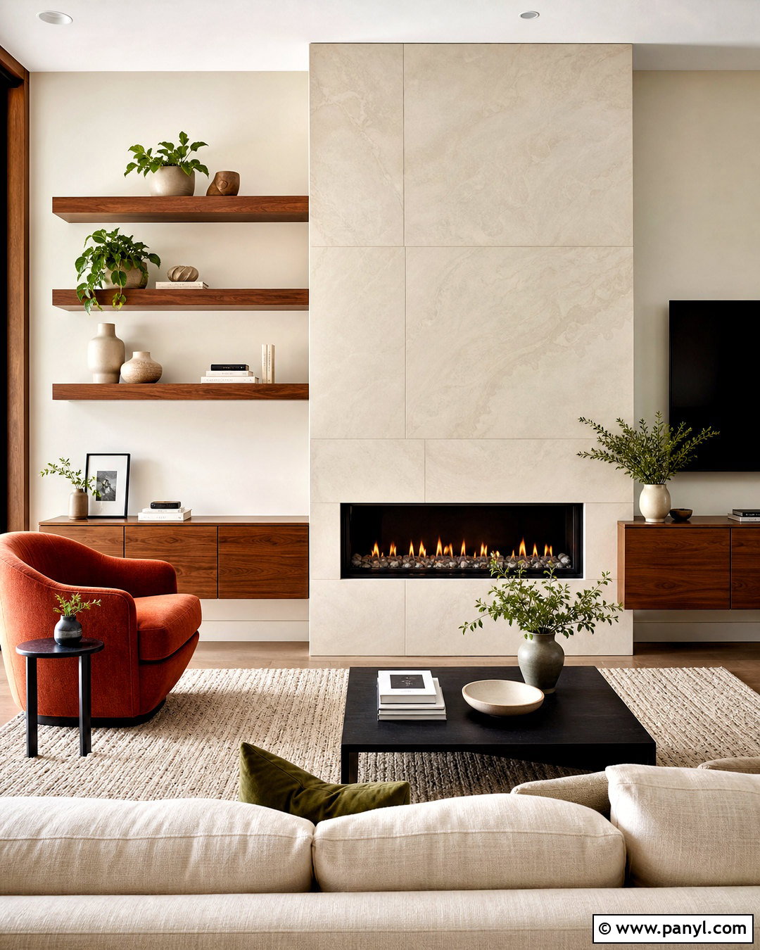 Asymmetrical Fireplace Wall With Floating Shelves - 20 asymmetrical fireplace wall ideas