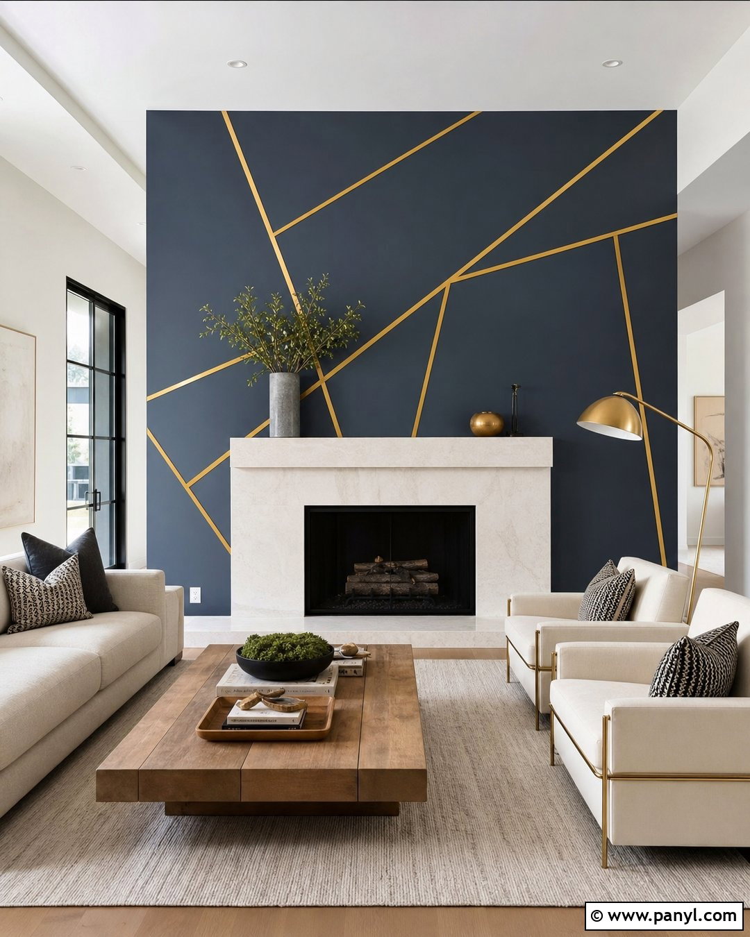 Asymmetrical Gold Stripe Fireplace Wall - 35 gold stripe wall ideas
