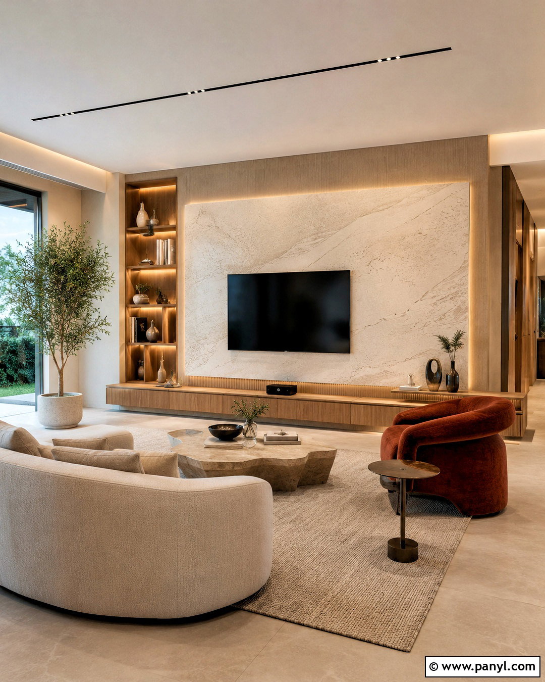 Asymmetrical Marble TV Feature Wall - 20 marble tv feature wall ideas