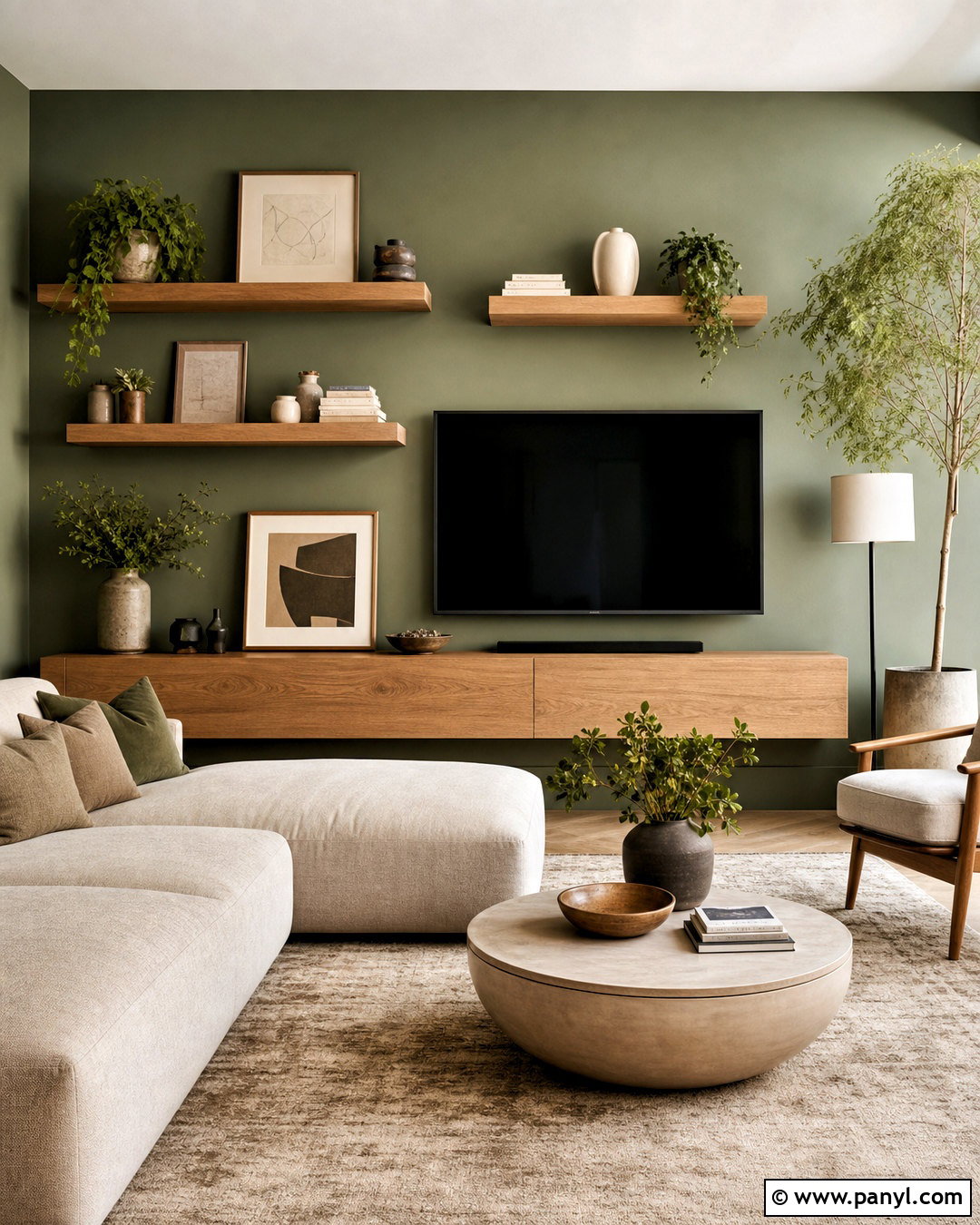 Asymmetrical Shelf TV Accent Wall - 20 behind tv accent wall ideas