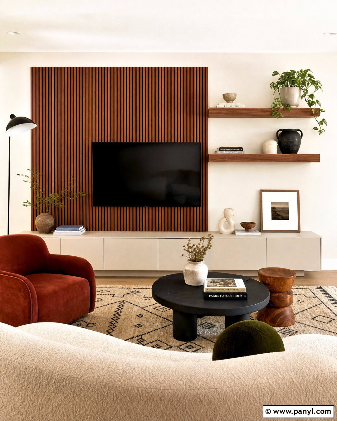 Asymmetrical Slat TV Wall With Shelves - 20 slat wall behind tv ideas