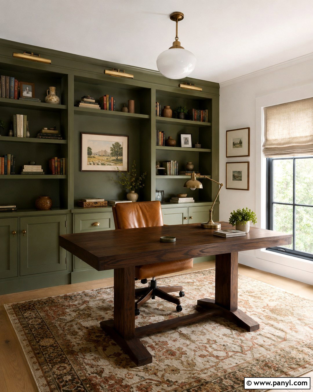 Atrium White Home Office With Green Built-Ins - 20 Atrium White Benjamin Moore Walls