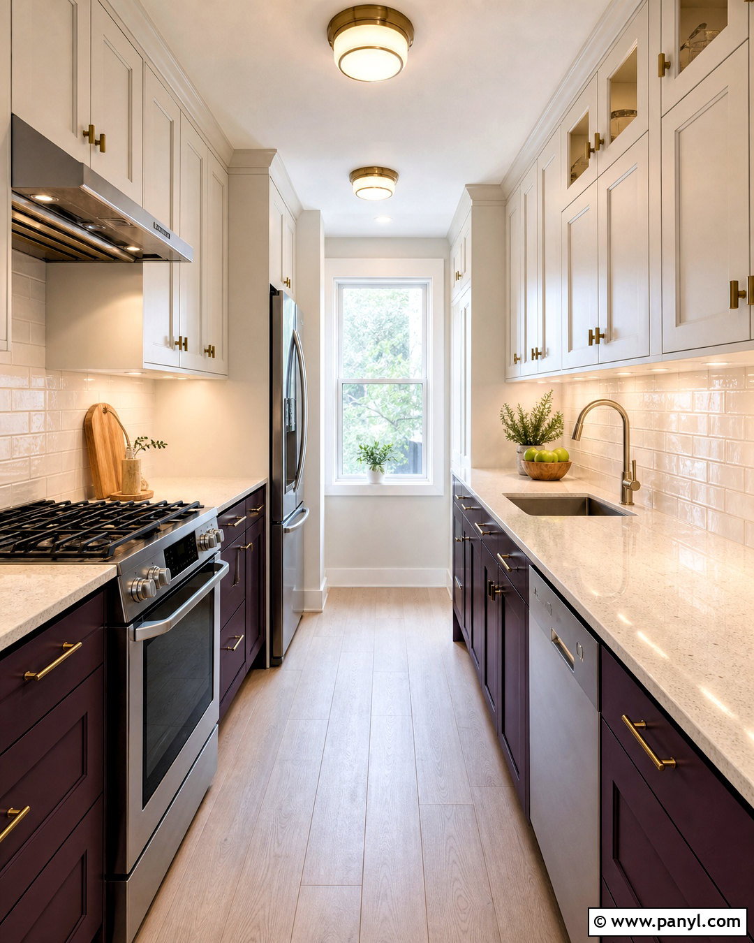 Aubergine Galley Kitchen With Light Flooring - 20 aubergine kitchen ideas