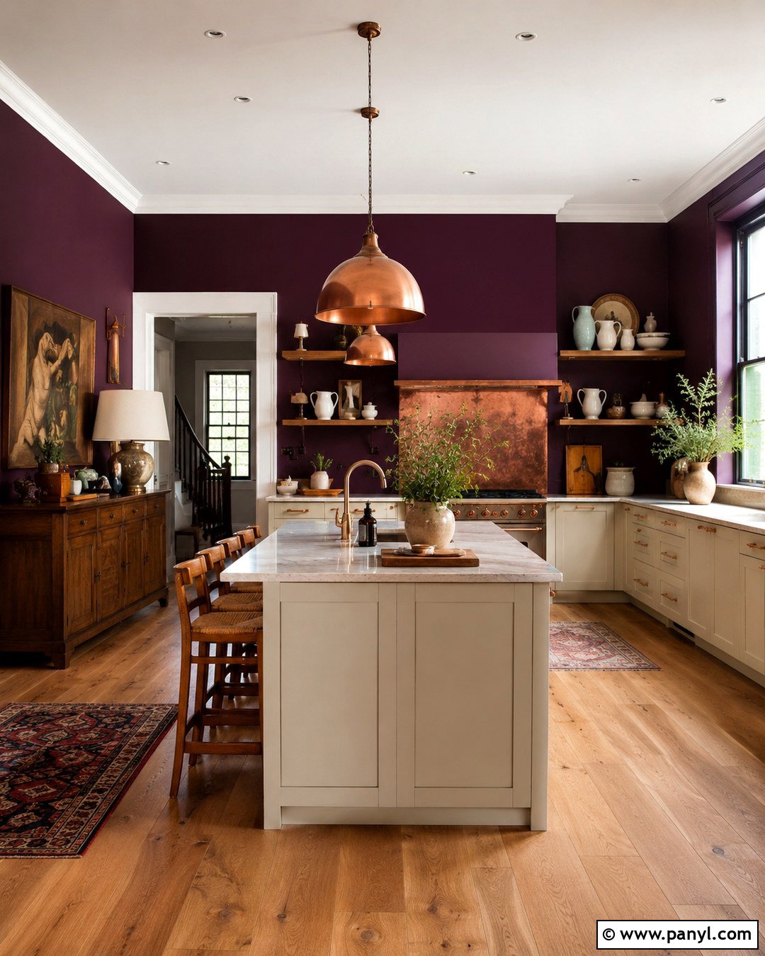 Aubergine Kitchen Wall With Copper Accents - 20 dark wall in kitchen ideas