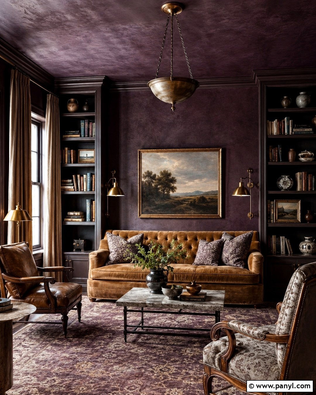 Aubergine Limewash Reading Room - 20 Limewash Dark Wall Ideas