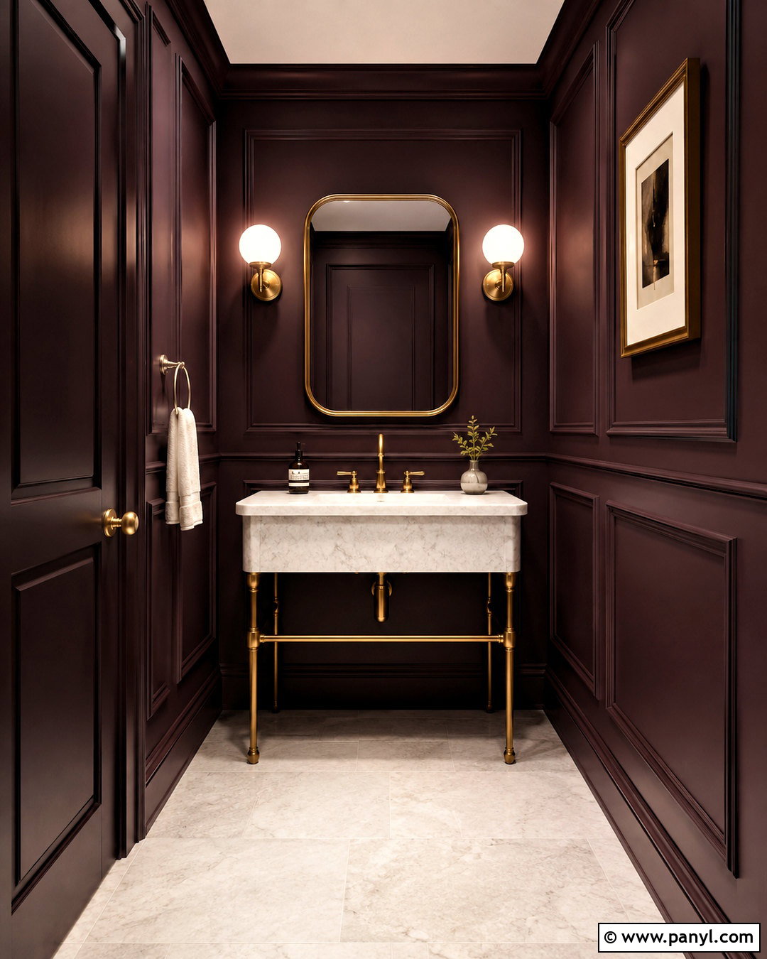 Aubergine Paneled Powder Room - 20 dark paneled walls