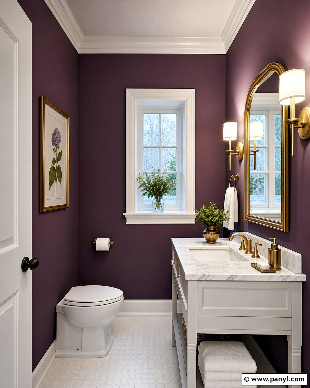 Aubergine Powder Room With White Trim - 20 purple wall with white trim ideas