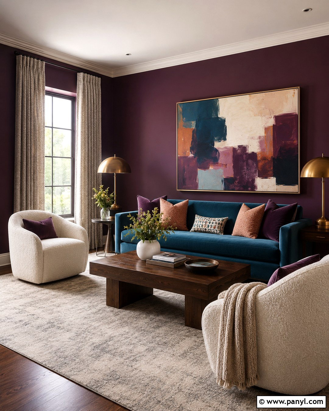 Aubergine Walls With Blue Furniture - 20 aubergine walls living room ideas