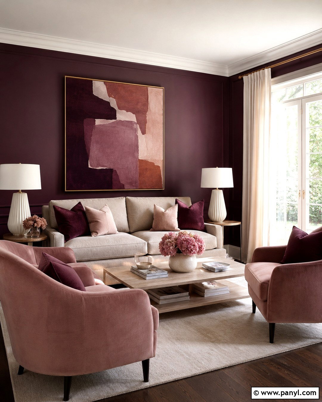 Aubergine Walls With Blush Pink Decor - 20 aubergine walls living room ideas