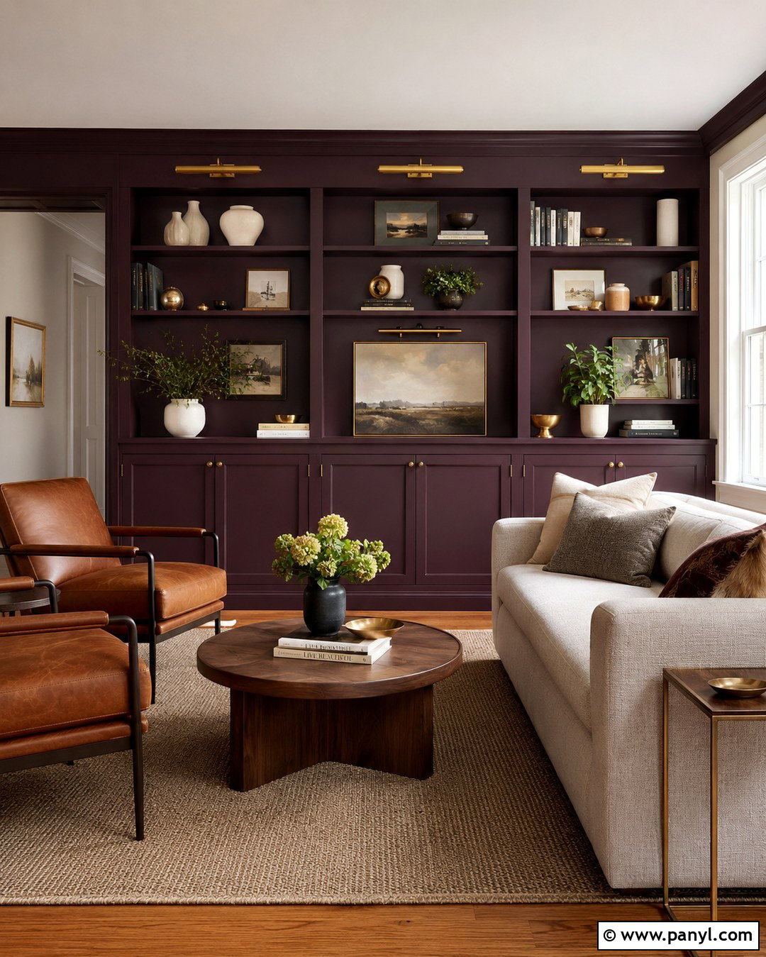 Aubergine Walls With Built-In Shelves - 20 aubergine walls living room ideas