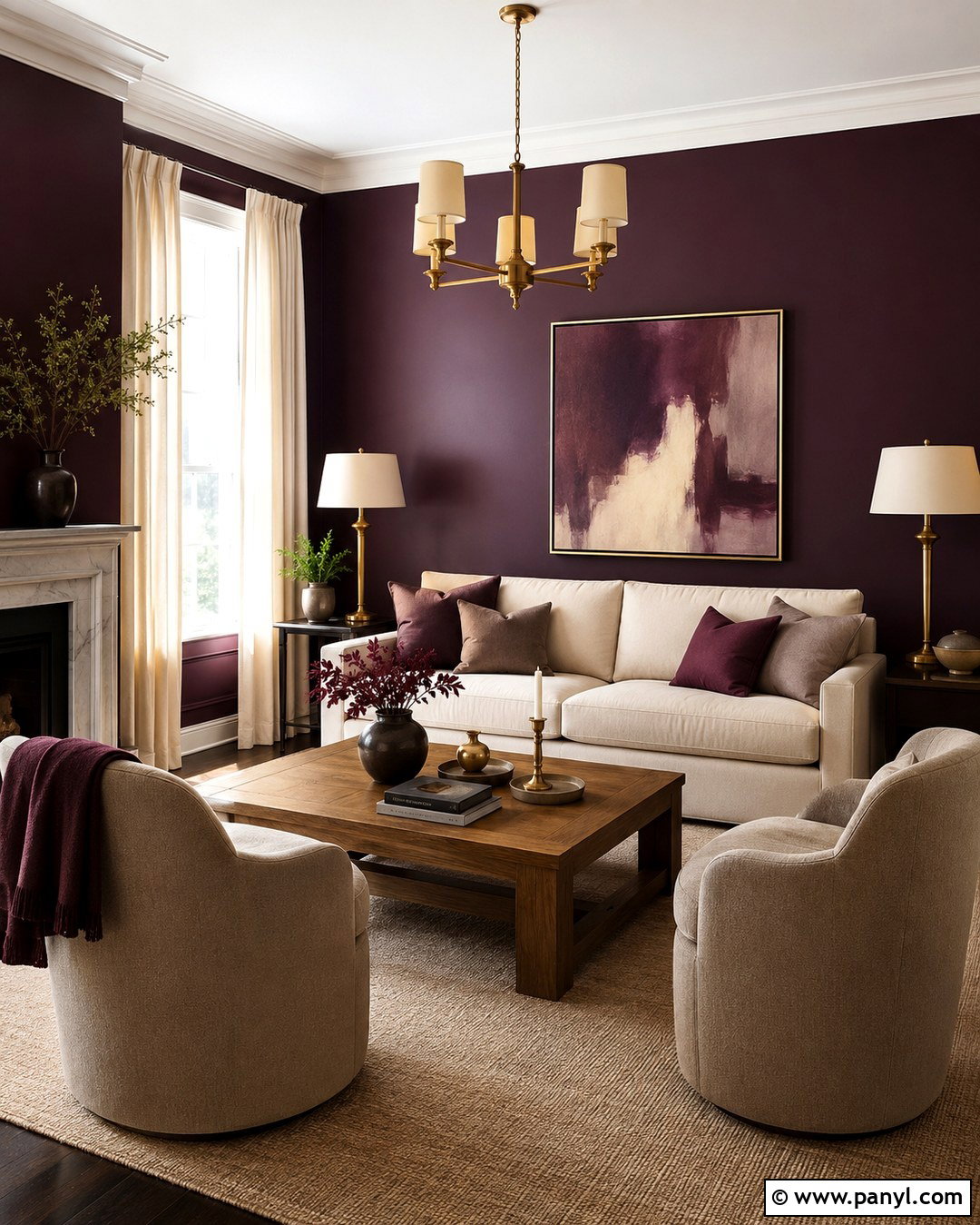Aubergine Walls With Cream Sofa - 20 aubergine walls living room ideas