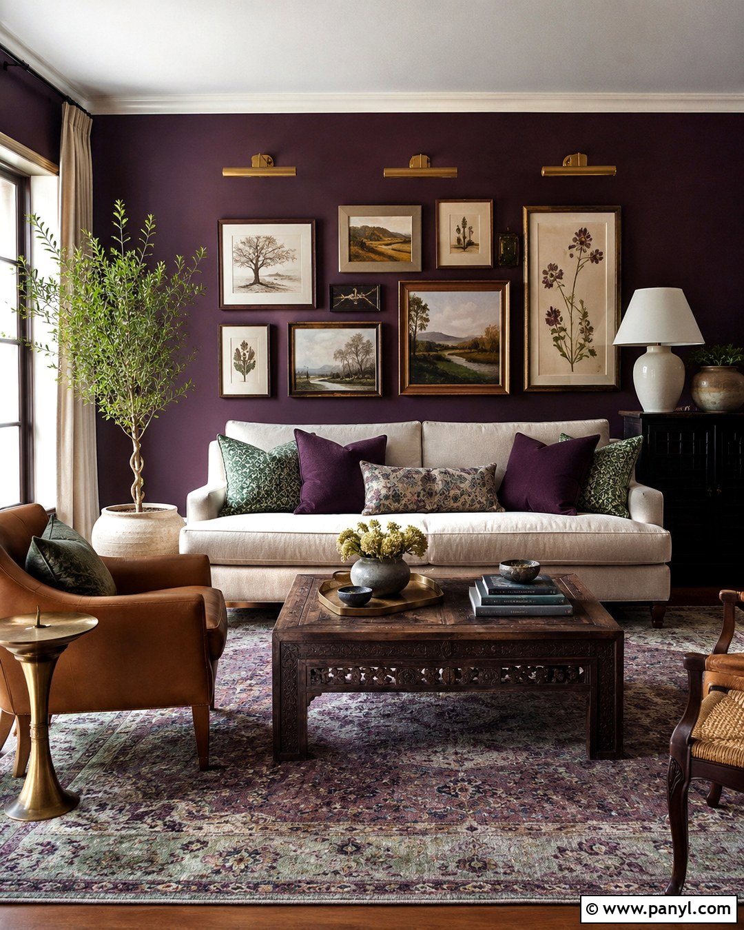 Aubergine Walls With Gallery Wall - 20 aubergine walls living room ideas