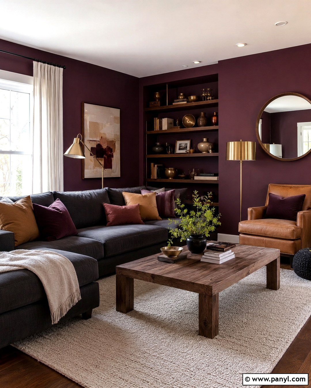 Aubergine Walls With Gray Sectional - 20 aubergine walls living room ideas