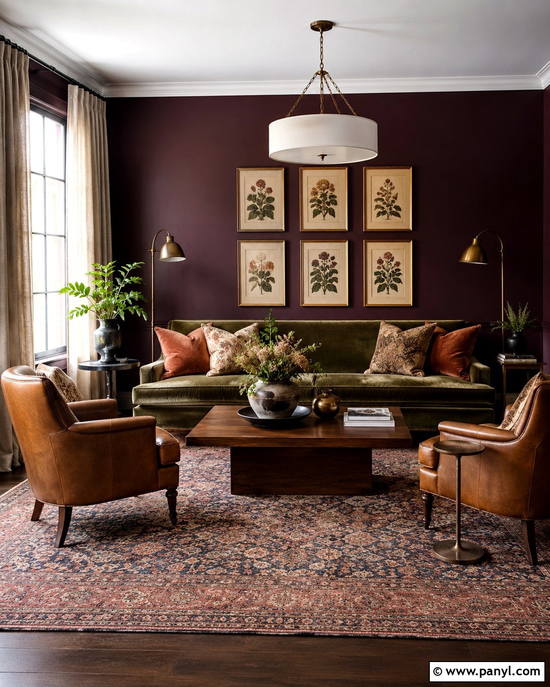 Aubergine Walls With Olive Green Sofa - 20 aubergine walls living room ideas