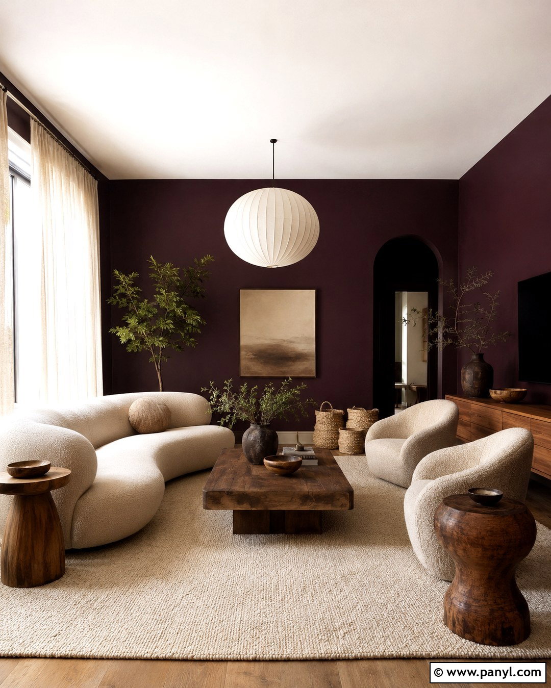 Aubergine Walls With Warm Wood Furniture - 20 aubergine walls living room ideas