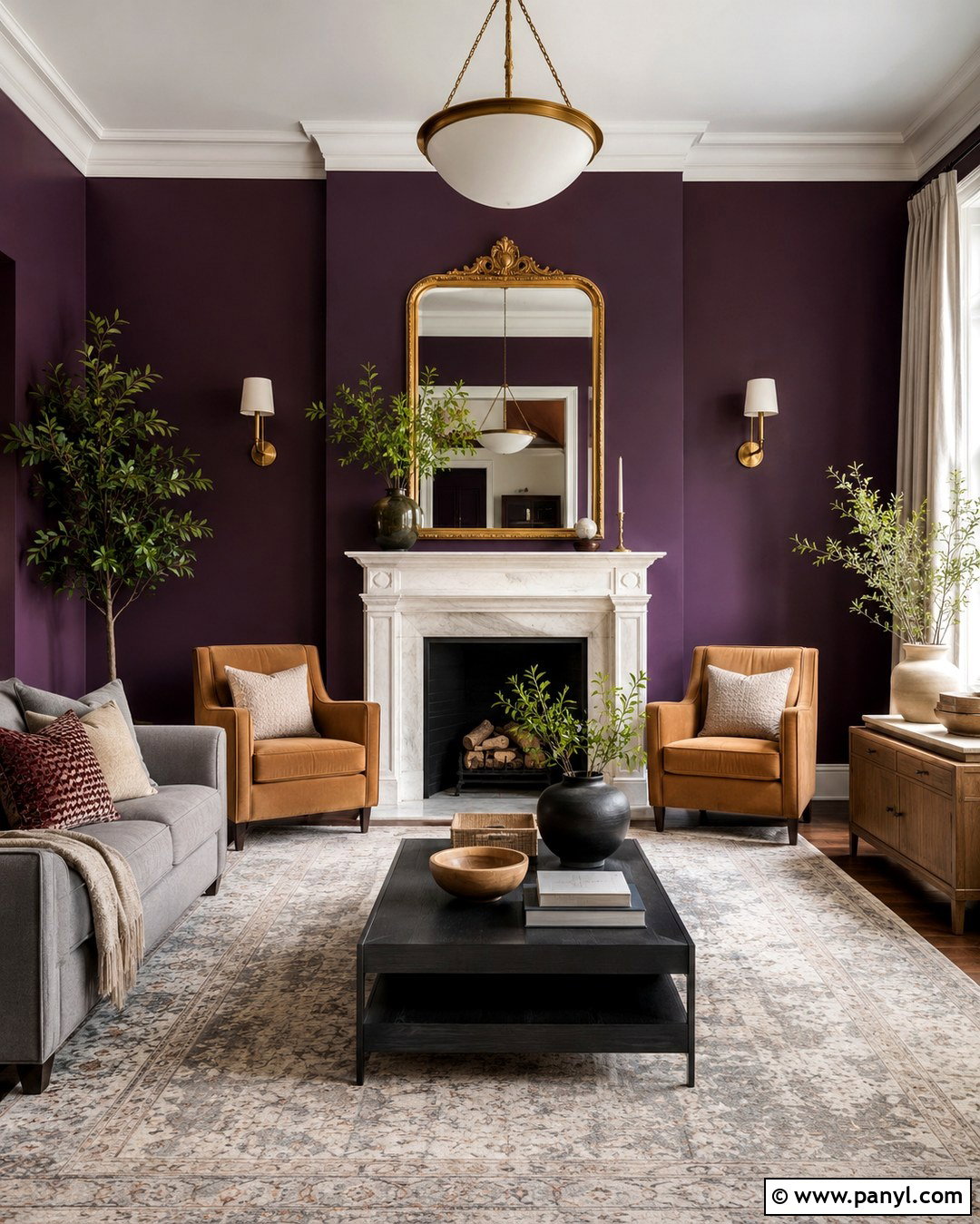 Aubergine Walls With White Fireplace - 20 aubergine walls living room ideas
