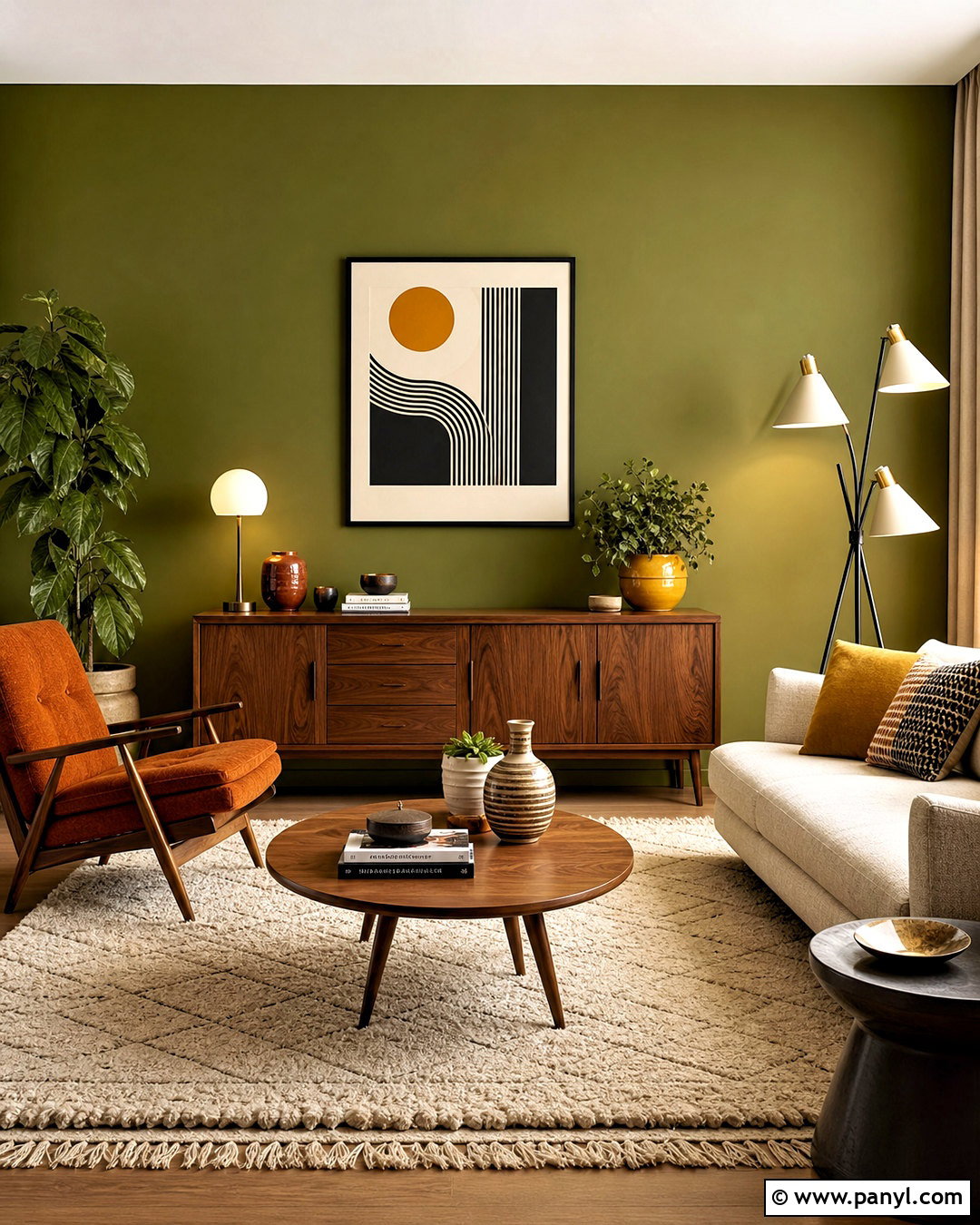 Avocado Green Accent Wall With Retro Decor - 20 green accent wall living room ideas