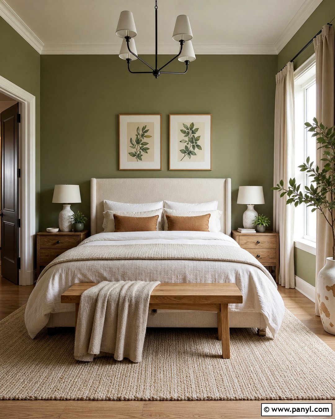 Avocado Green Bedroom With Cream Bedding - 20 Avocado Green Wall Ideas