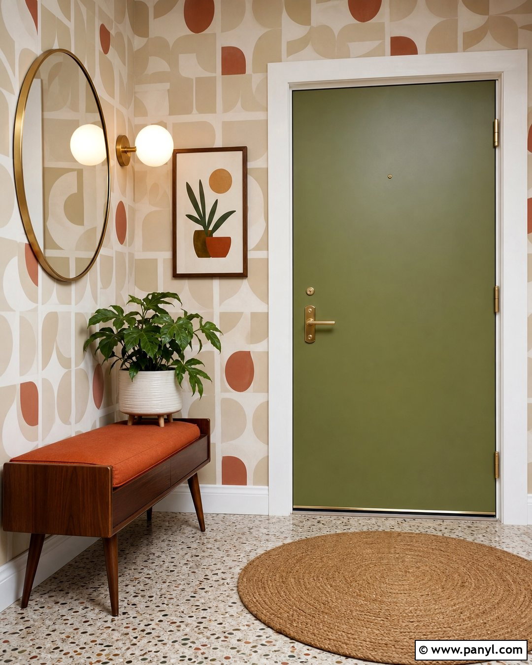 Avocado Green Door With Retro Wallpaper - 20 Green Door With Patterned Wall Ideas