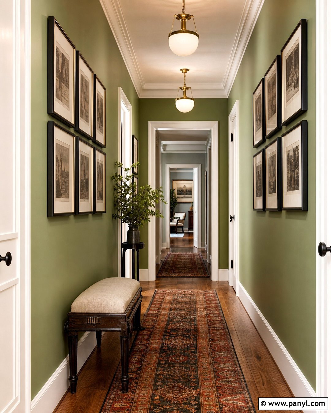 Avocado Green Hallway With Picture Frames - 20 Avocado Green Wall Ideas