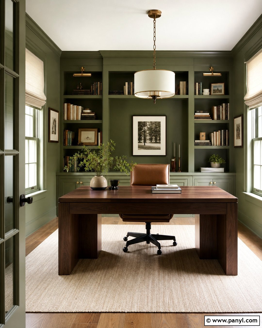 Avocado Green Home Office With Built-In Shelves - 20 Avocado Green Wall Ideas