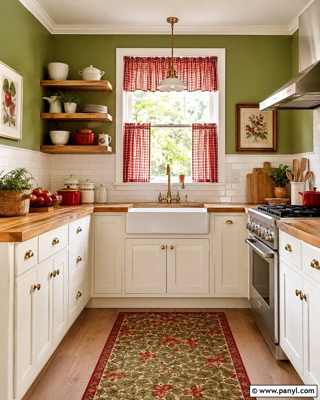 Avocado Green Kitchen With Red Cafe Curtains - 20 Green Walls Red Curtains