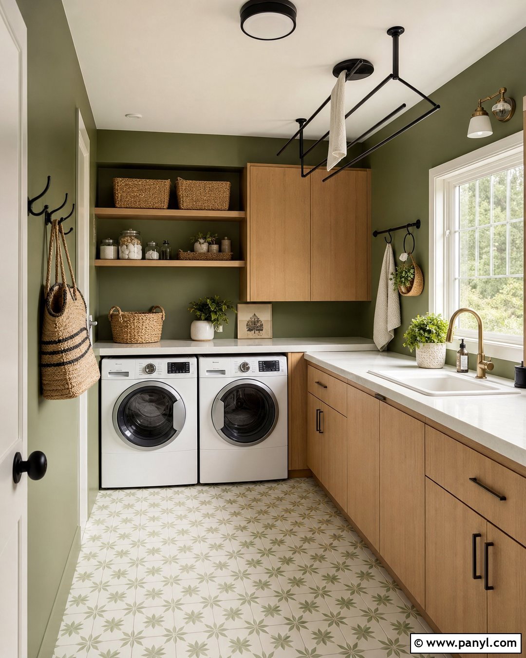 Avocado Green Laundry Room With Wood Cabinets - 20 Avocado Green Wall Ideas